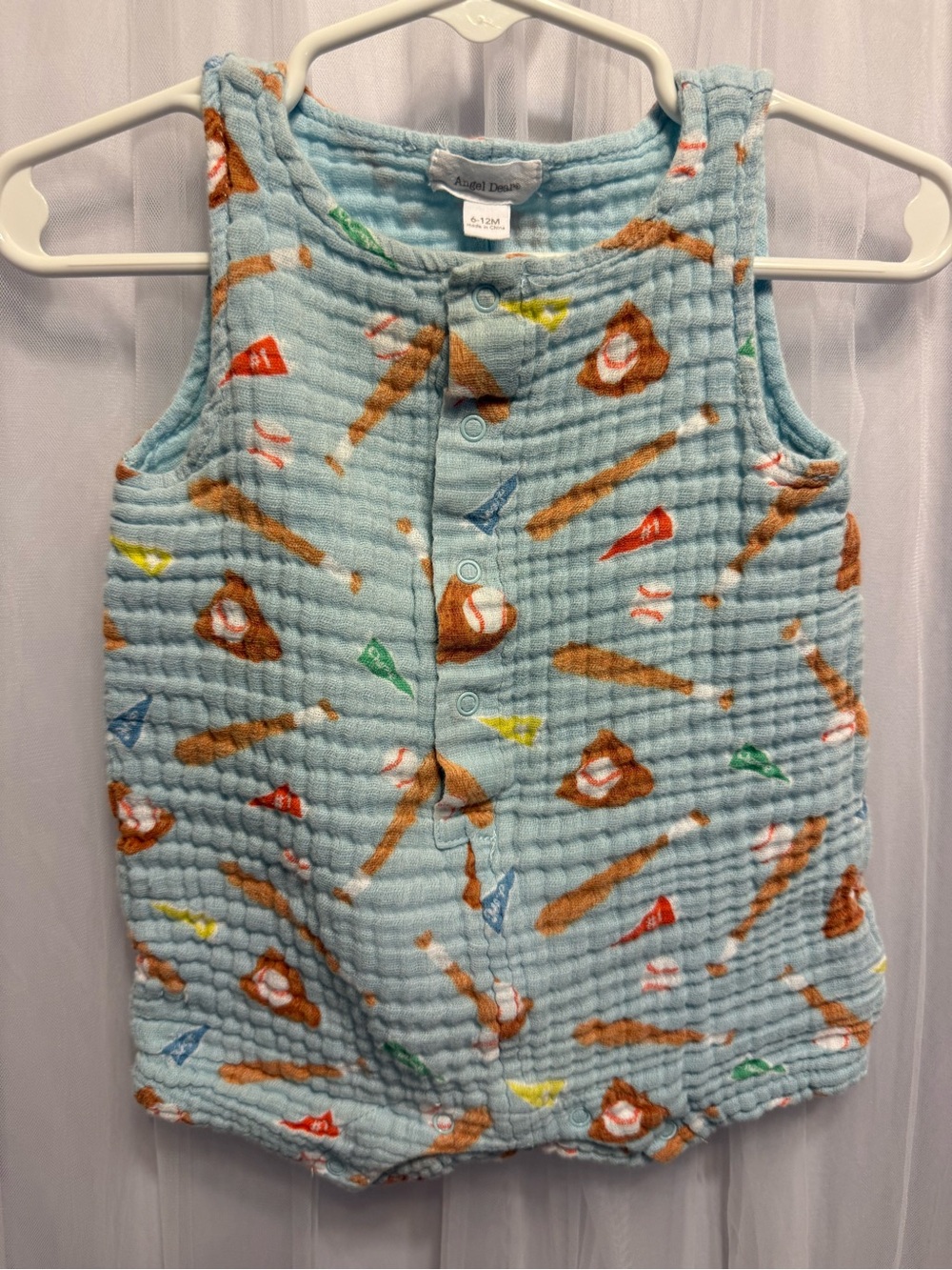 Angel Dear size 6-12 mos. Light Blue Muslin Baby Romper with Sports Print
